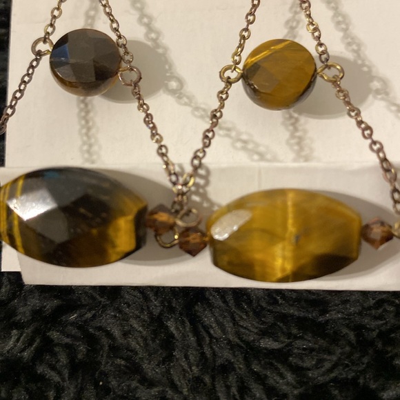 Brass Chain Facet Cut Tiger's Eye Bead Drop Chandelier Earrings - Picture 4 of 9